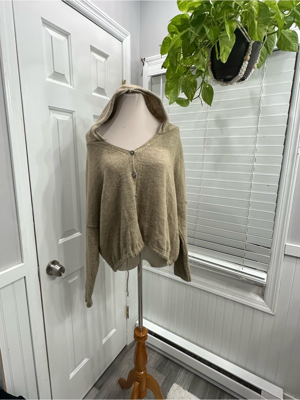 Free People Hooded Button-Up Cardigan in Beige